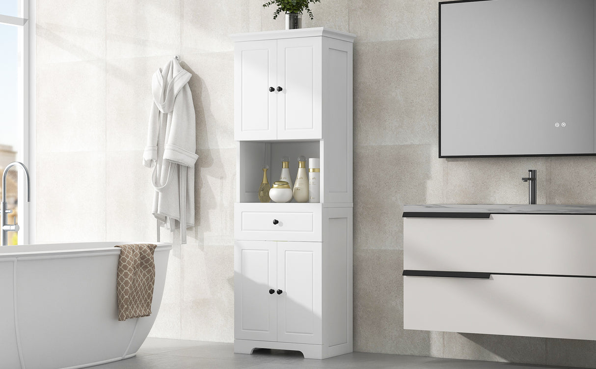 Tall Bathroom Cabinet with Four Doors, Large Storage Space Open Shelve, Upper Storage Cabinet, Whit - V.I.P Digital Presence