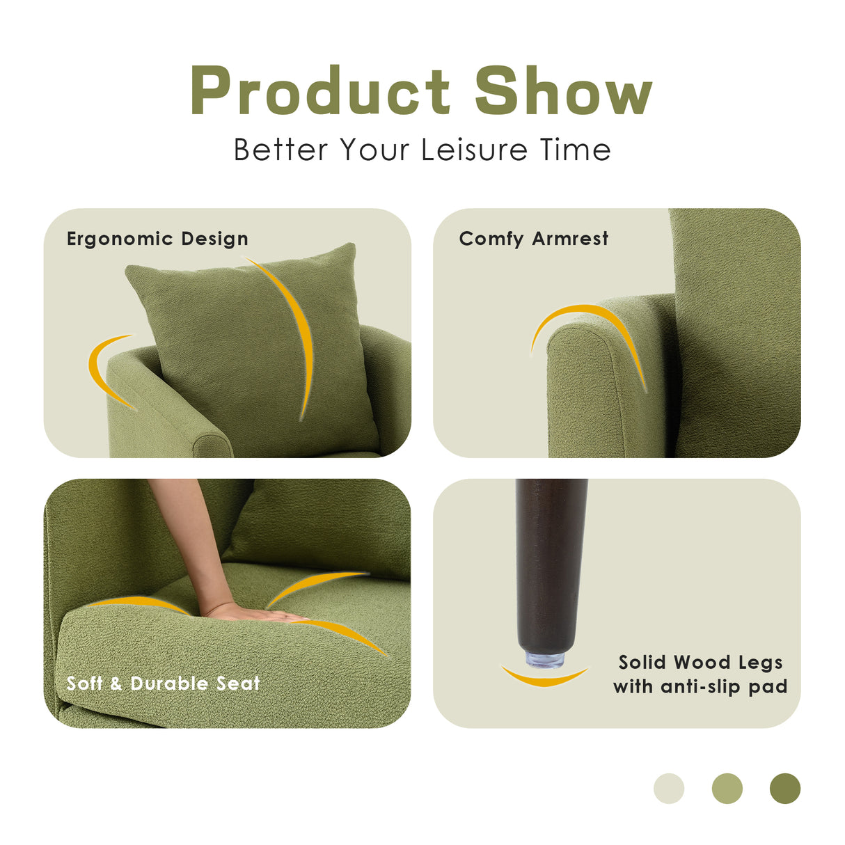 Barrel Chair, modern style chair, fabric armchair, club chair, solid wood leg cushion armchair, olive green waist pillow - V.I.P Digital Presence