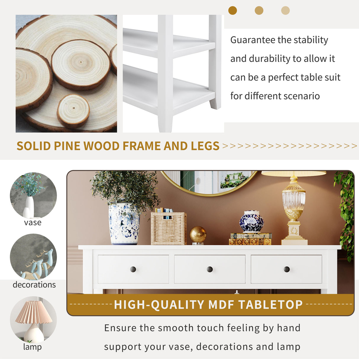 Retro Design Console Table with Two Open Shelves, Pine Solid Wood Frame and Legs for Living Room (Antique White) - V.I.P Digital Presence