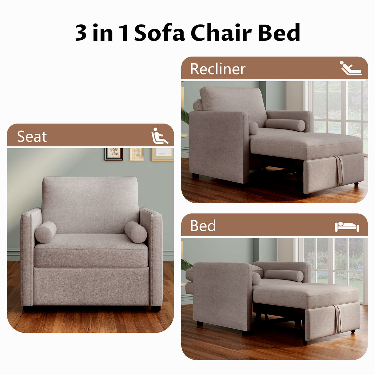 3 in 1 Convertible Sleeper Chair with Adjustable Backrest, Lounger Chair Turns Into Bed, Single Bed for Living Room, Linen, Tan - V.I.P Digital Presence