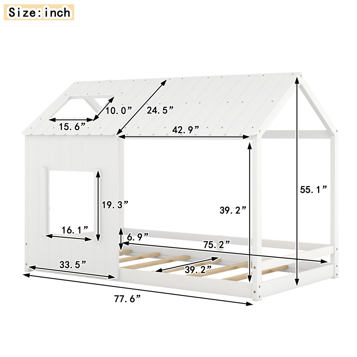 Twin Size House Bed with Roof and Window - White - V.I.P Digital Presence