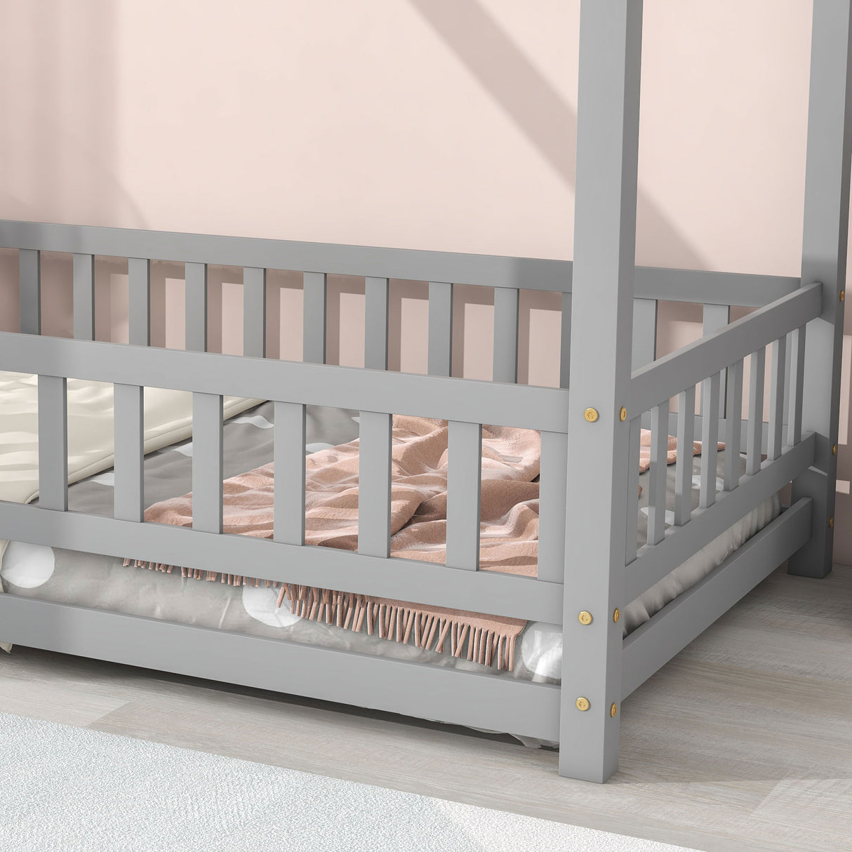 Twin Size Floor Wooden Bed with House Roof Frame, Fence Guardrails,Grey - V.I.P Digital Presence