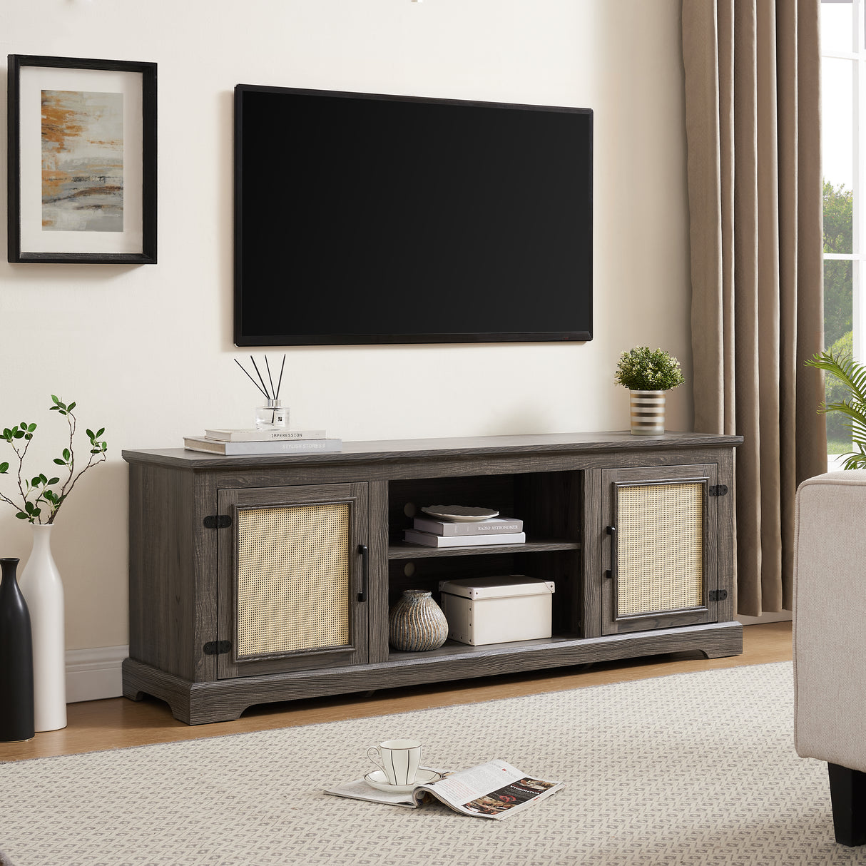 Vine TV stand console table, suitable for TVs under 70 inches, equipped with 2 storage shelves and 2 natural rattan doors, gray - V.I.P Digital Presence