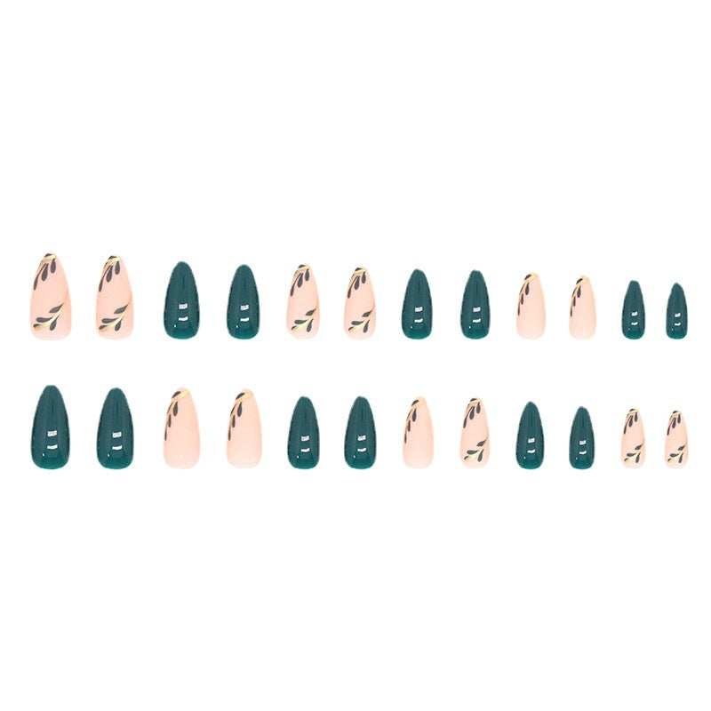 Almond Fake Nails with Green Leaves Design Elliptic Acrylic False Nails Wearable French Press on Nail Manicure Tips - V.I.P Digital Presence