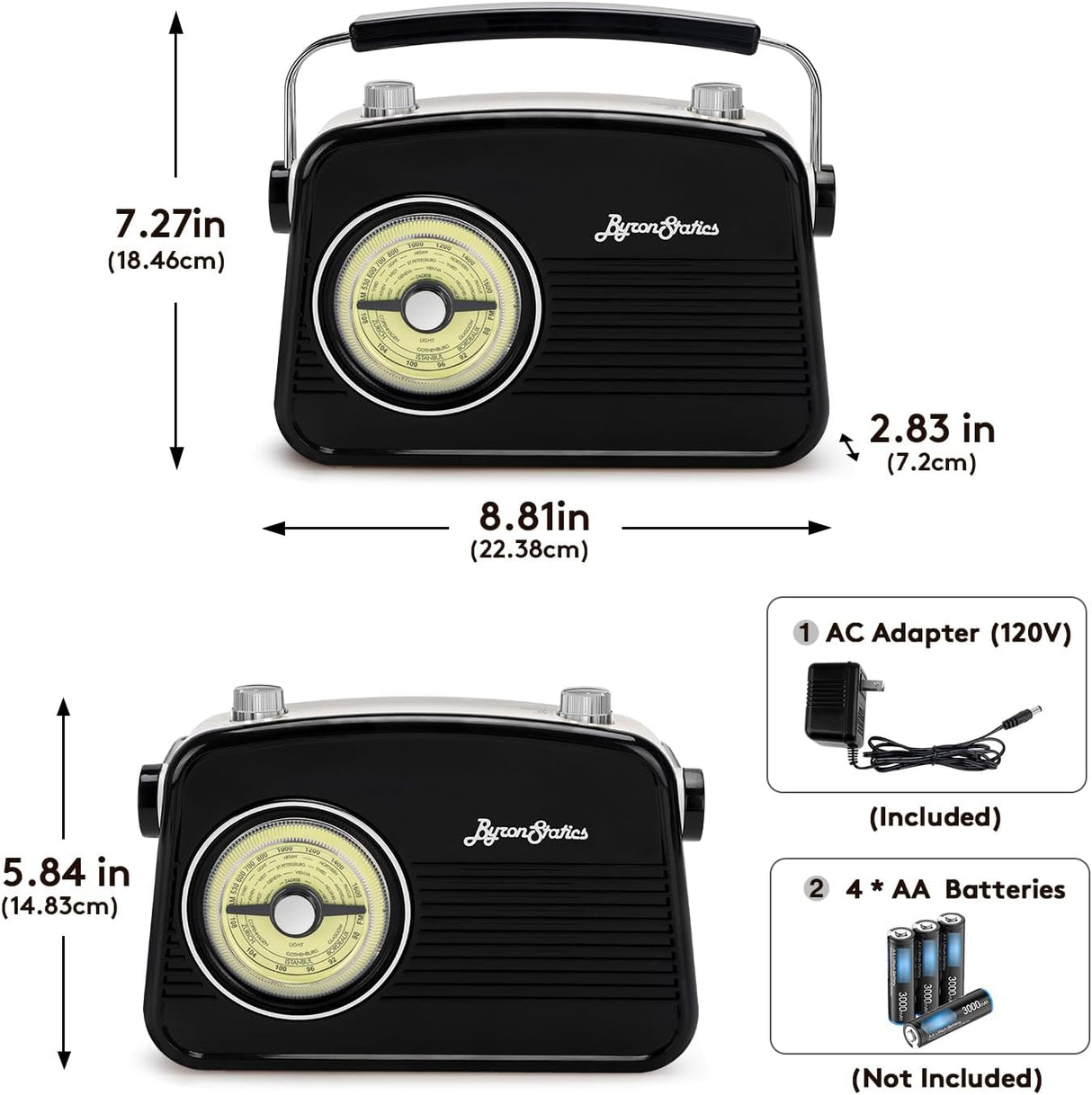 Black AM FM Radio - Small Portable Radios Vintage/Retro with Headphone Jack, Large Analog Rotary Tuning Dial - V.I.P Digital Presence