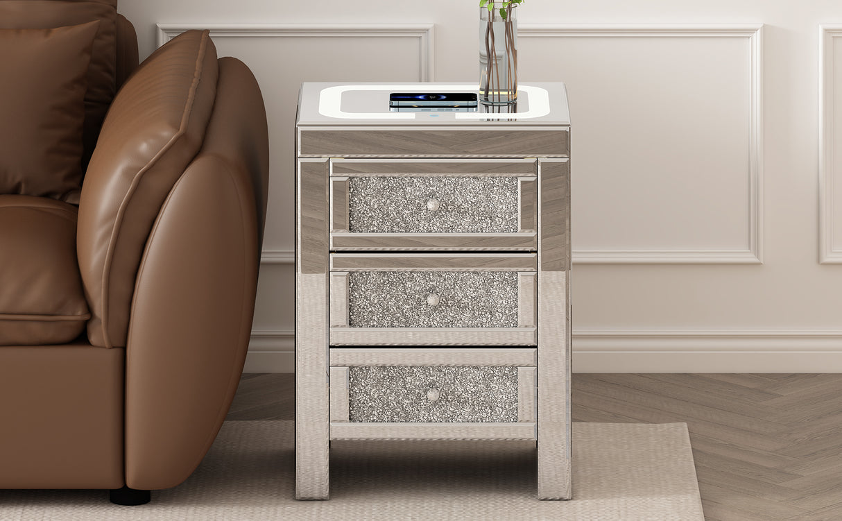 U-Can 15.7 "W silver rectangular mirror coffee table with wireless and USB charging function, LED lights, crystal style handle - V.I.P Digital Presence