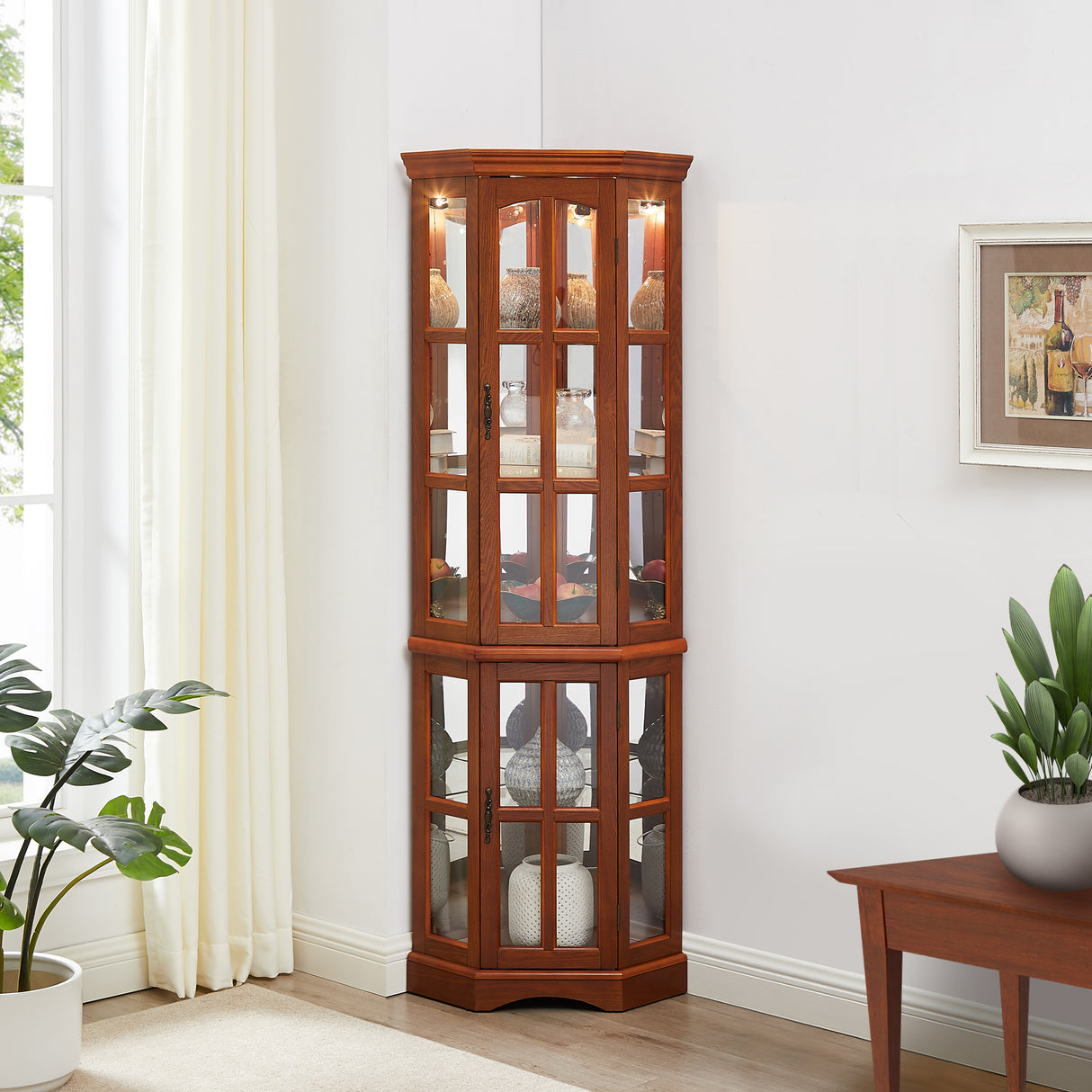 Corner Curio Cabinet with 5 Shelves and Lighting System, Oak(E26 light bulb not included) - V.I.P Digital Presence