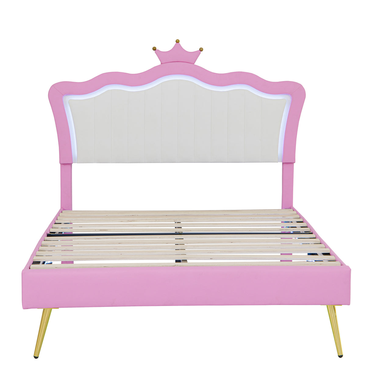 Full Size Upholstered Bed Frame with LED Lights, Modern Upholstered Princess Bed with Crown Headboard, Pink+White - V.I.P Digital Presence