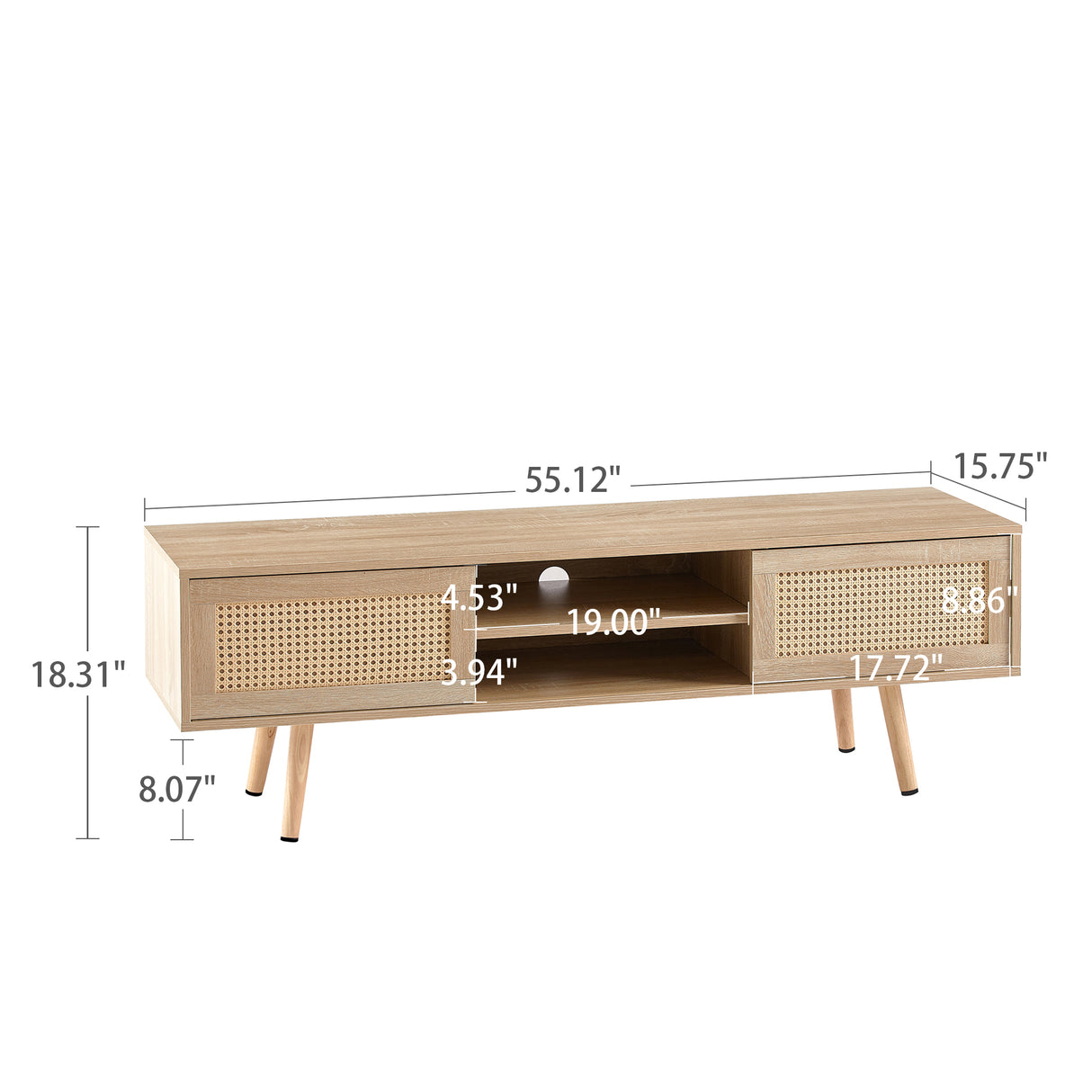 55.12" Rattan TV cabinet double sliding doors for storage adjustable shelf solid wood legs TV console for living room natural - V.I.P Digital Presence