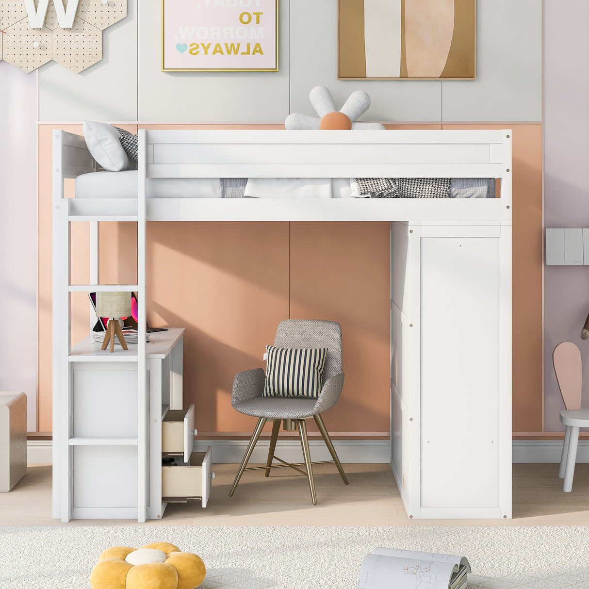 Wood Twin Size Loft Bed with Wardrobes and 2-Drawer Desk with Cabinet White