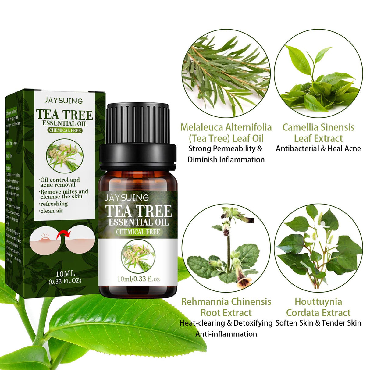 Aceite esencial de árbol de té, reparador del acné, reduce los poros, hidratante, cuidado facial.