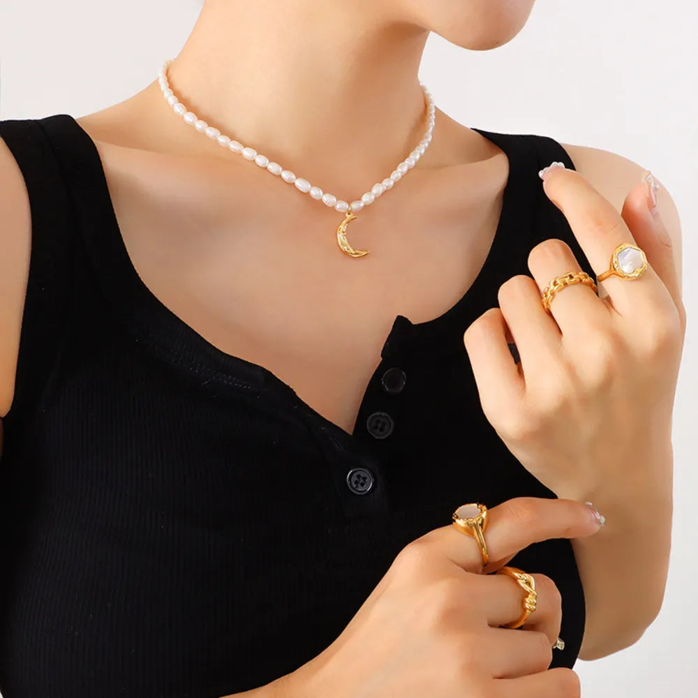 Pearl Titanium Steel Moon Shape Pendant Necklace - V.I.P Digital Presence