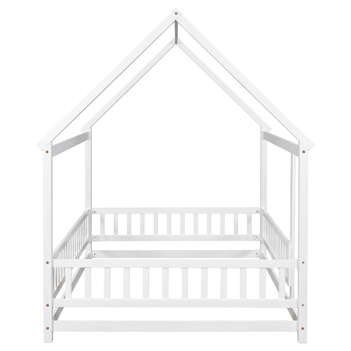 Full Size Floor Wooden Bed with House Roof Frame, Fence Guardrails ,White - V.I.P Digital Presence