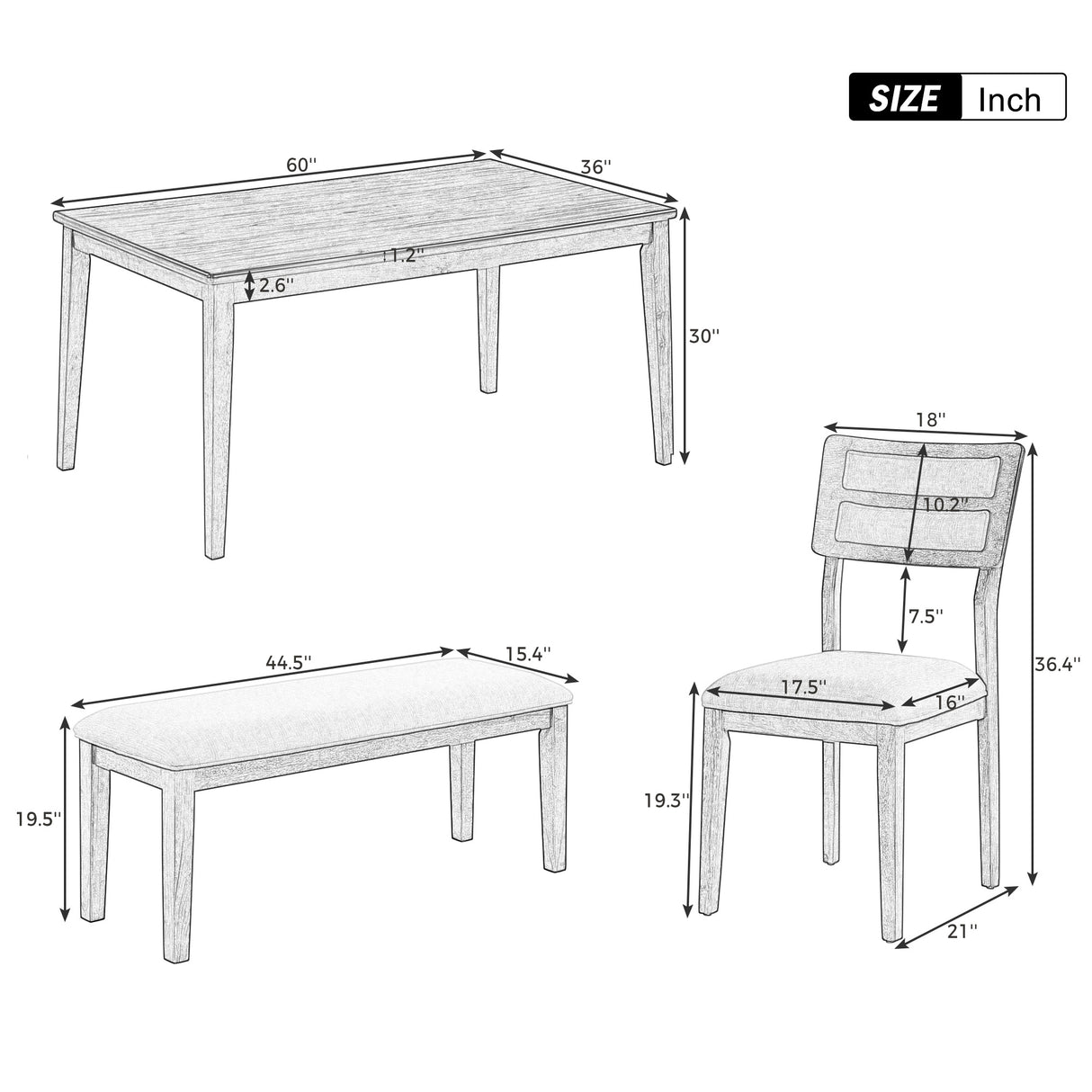 TREXM Classic and Traditional Style 6 - Piece Dining Set, Includes Dining Table 4 Upholstered Chairs & Bench (White+Gray)