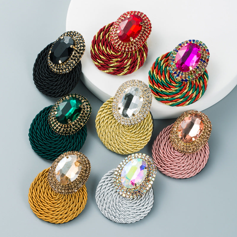European And American Style Colored Diamond Series Personality Exaggerated Oval Glass Diamond Earrings Handmade Line Braided Earrings - V.I.P Digital Presence
