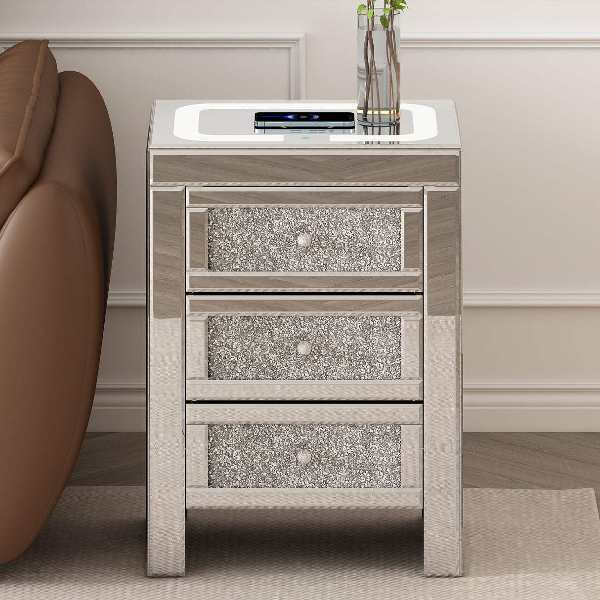 U-Can 15.7 "W silver rectangular mirror coffee table with wireless and USB charging function, LED lights, crystal style handle - V.I.P Digital Presence