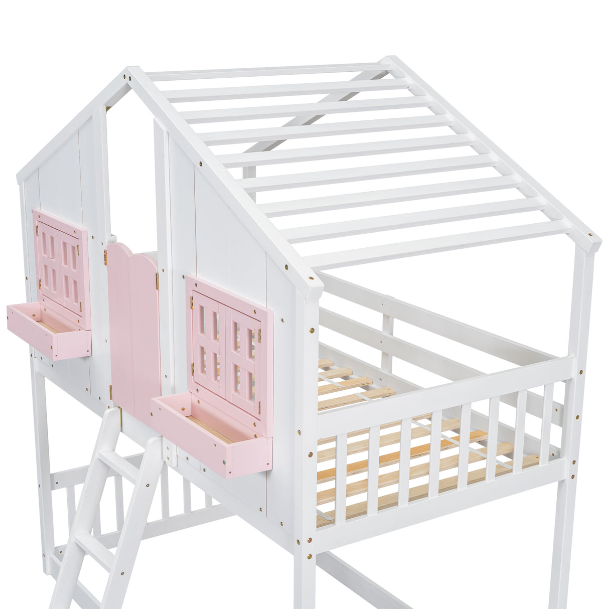 Twin over Twin House Bunk Bed with Roof , Window, Window Box, Door , with Safety Guardrails and Ladder, Pink/White - V.I.P Digital Presence