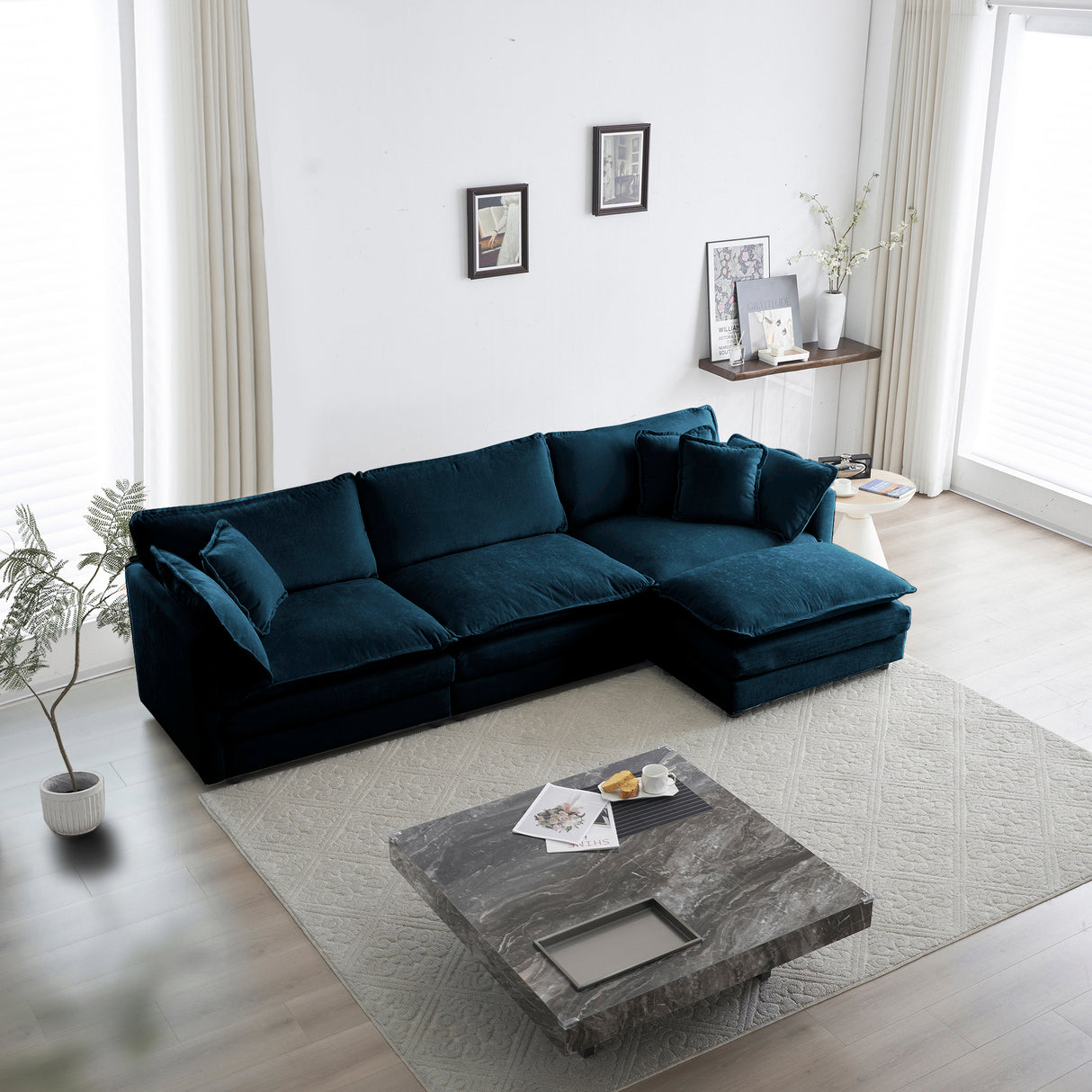 Free Combination Comfy Upholstery Modular Oversized L Shaped Sectional Sofa With Reversible Ottoman, Blue Chenille - V.I.P Digital Presence