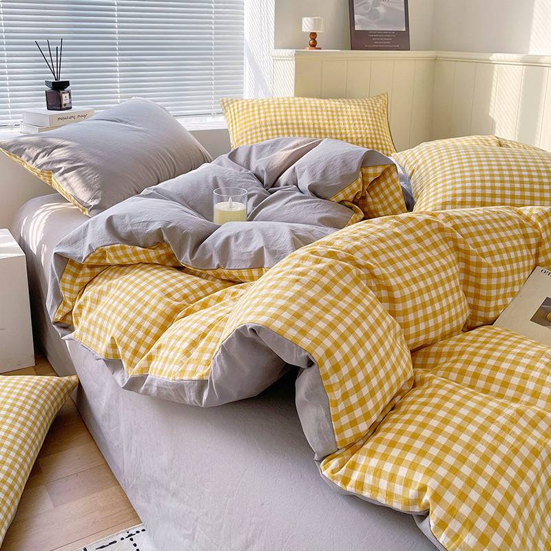 Juego de ropa de cama de algodón lavado teñido de algodón puro de clase A, sábana plana, funda de edredón, sábana ajustable, funda de edredón, juego de tres piezas a rayas