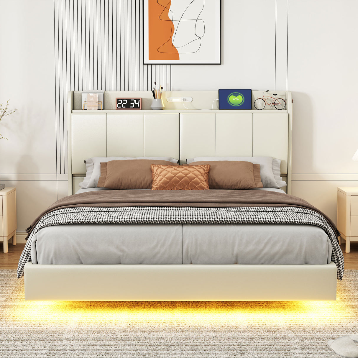 Large floating bed frame with storage headboard, touch sensor, night light and USB charger, padded platform bed, beige color - V.I.P Digital Presence