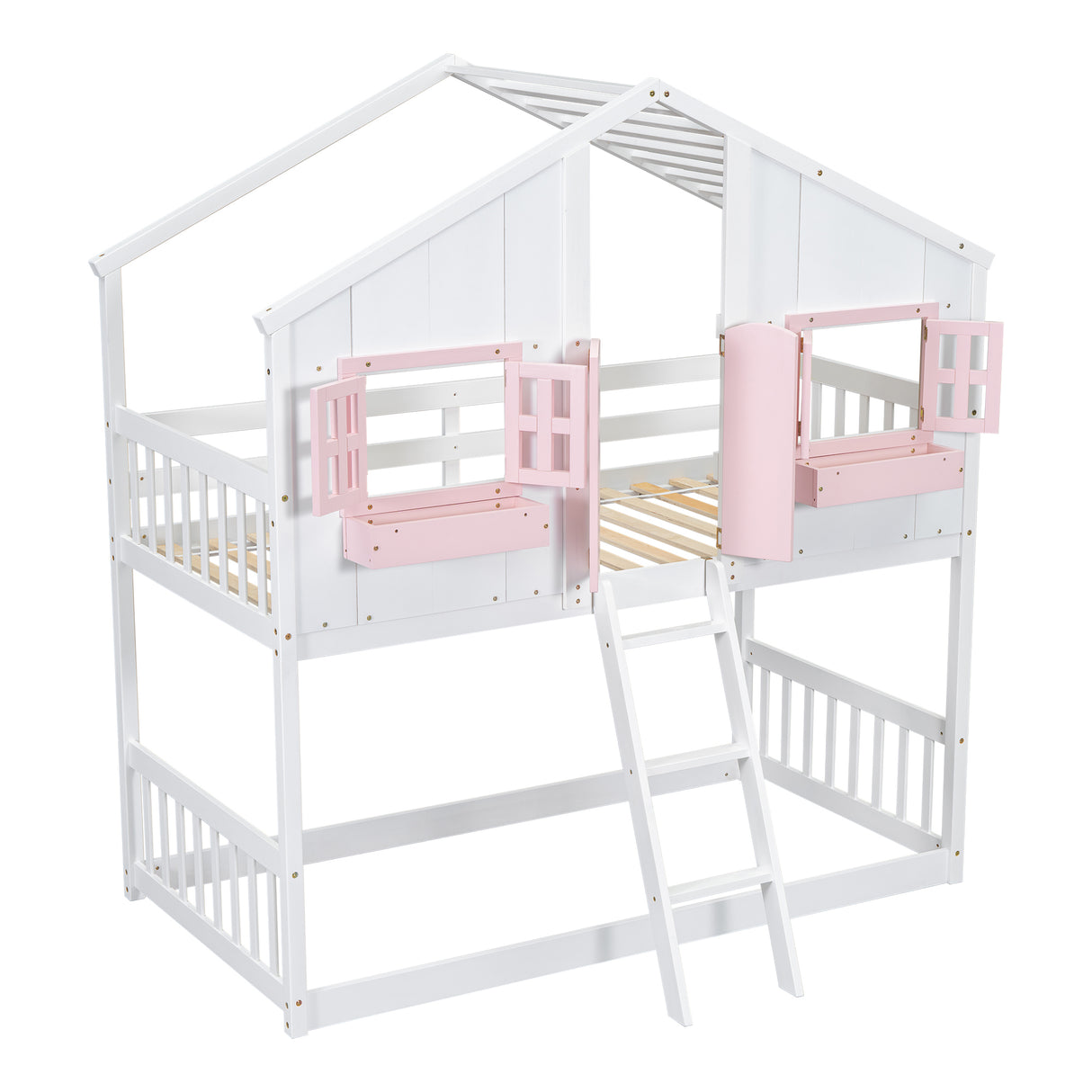 Twin over Twin House Bunk Bed with Roof , Window, Window Box, Door , with Safety Guardrails and Ladder, Pink/White - V.I.P Digital Presence