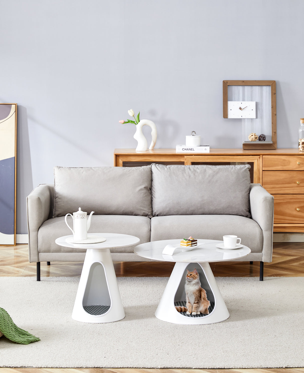 set of 2 coffee round tables with a marble-look top and steel base with 2 cat beds multifunctional and stylish entable - V.I.P Digital Presence