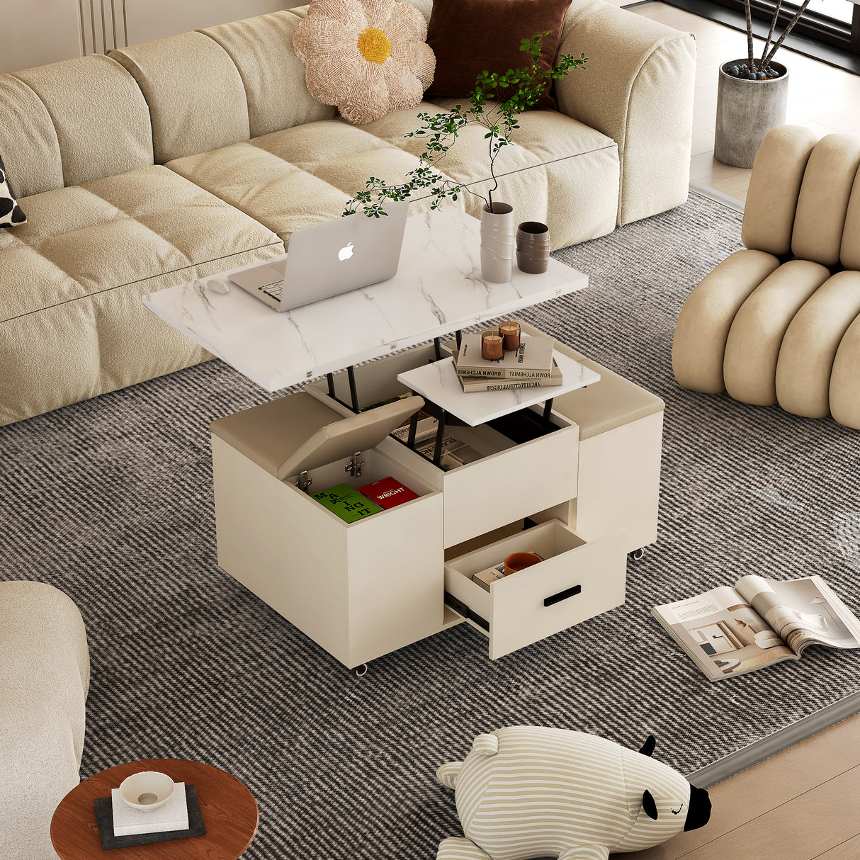 Modern lift coffee table, living room with 4 chairs, expandable 1 hidden storage space+2 drawers, folding dining table - V.I.P Digital Presence