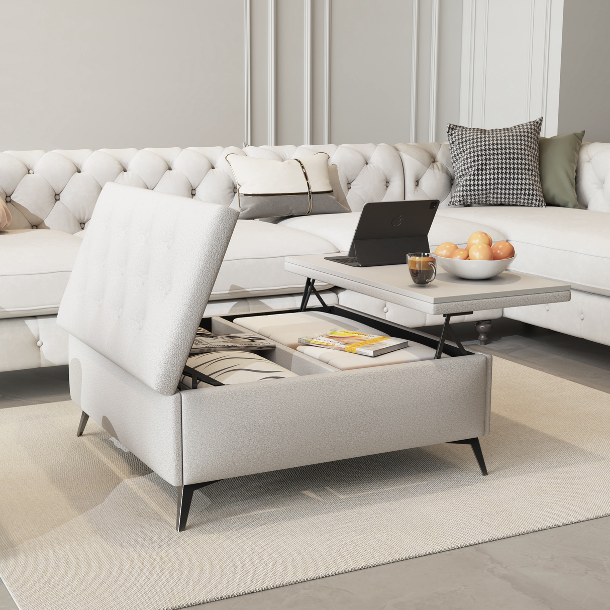 35 inch Wide Square storage benches Coffee Table with Lift Top Oversized Storage Ottoman in Upholstered for Living Room - V.I.P Digital Presence