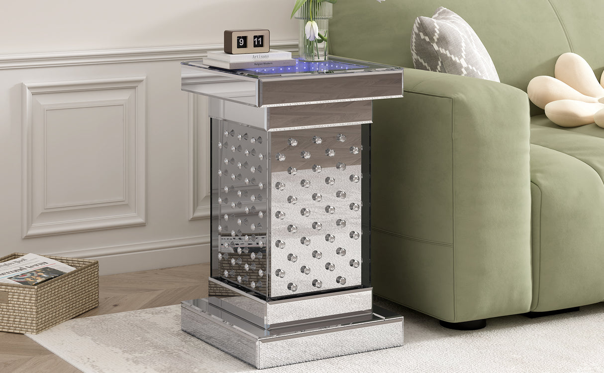 U-Can 11.8-inch silver square mirror coffee table with LED lights, modern crystal inlaid side table, no assembly required - V.I.P Digital Presence