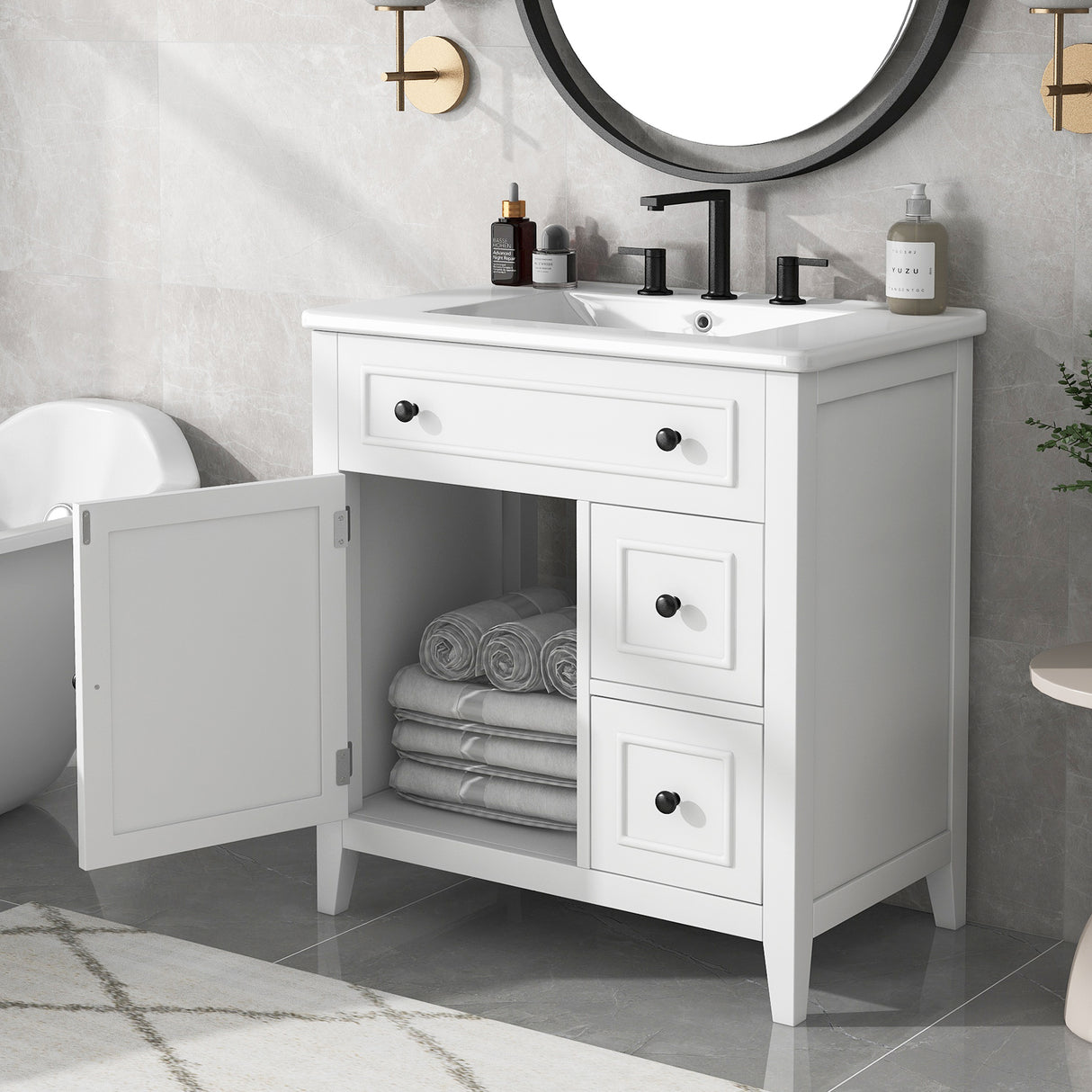 30" Bathroom Vanity with Sink Top, Bathroom Vanity Cabinet with Door and Two Drawers, Solid Wood Frame, One Package, White - V.I.P Digital Presence