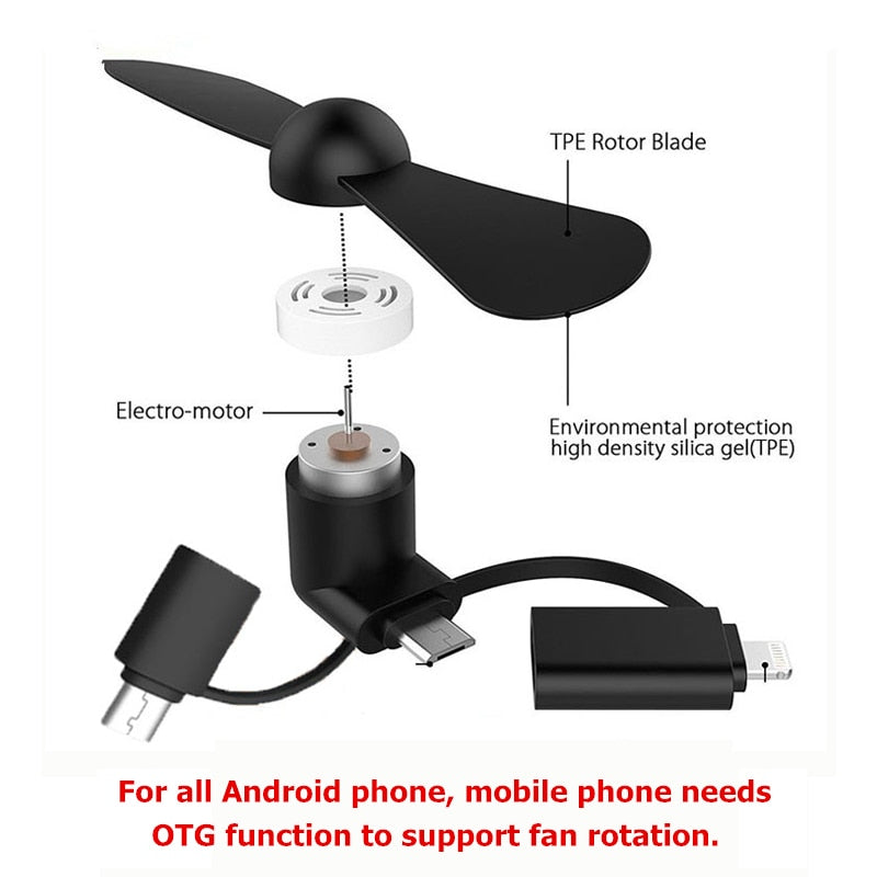 3 IN 1 Travel Portable Cell Phone Mini Fan Cooling Cooler For Micro USB C For iPhone 5 6 6S 7 Plus 8 X for Android Type-c - V.I.P Digital Presence