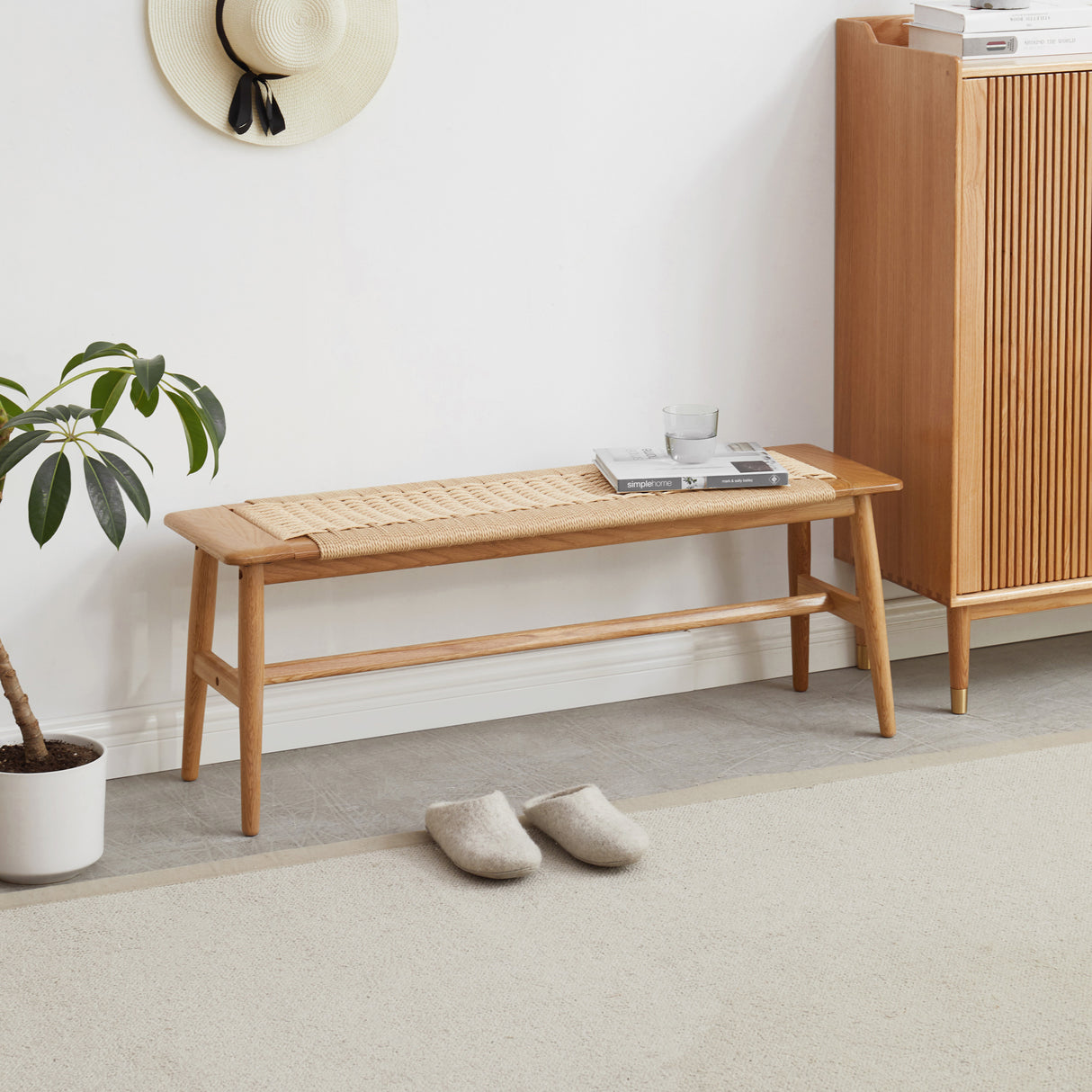 Woven Design Natural Oak Wood Dining Bench Bed Bench for Dining Room, Bedroom, Bathroom - V.I.P Digital Presence