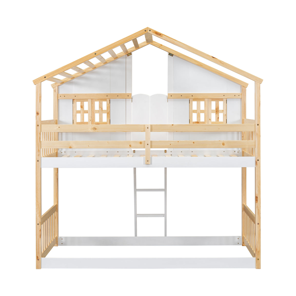 Twin over Twin House Bunk Bed with Roof , Window, Window Box, Door , with Safety Guardrails and Ladder, Natural/White - V.I.P Digital Presence
