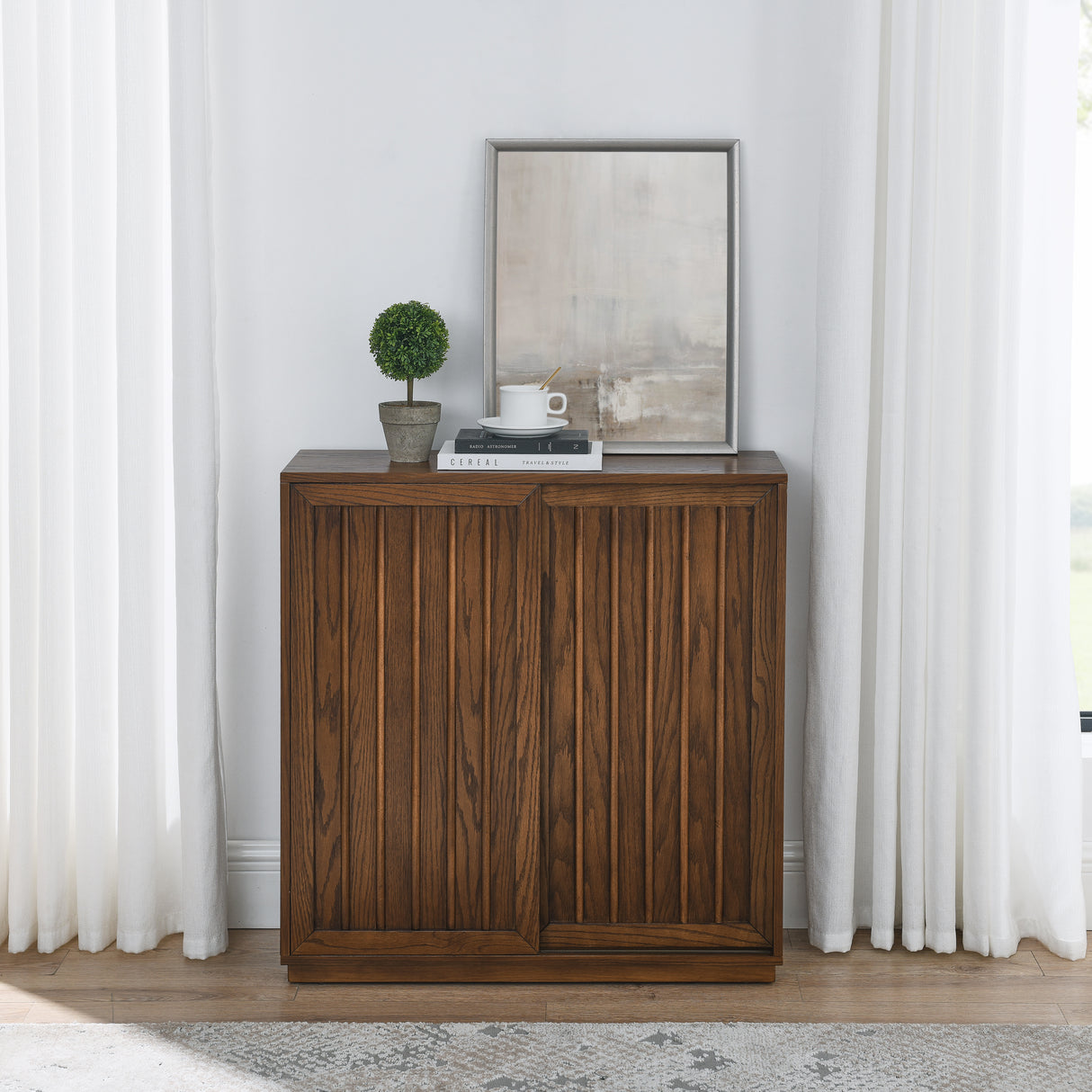 Medieval side panel with 2 sliding doors and solid wood decorative strips, storage cabinet - V.I.P Digital Presence