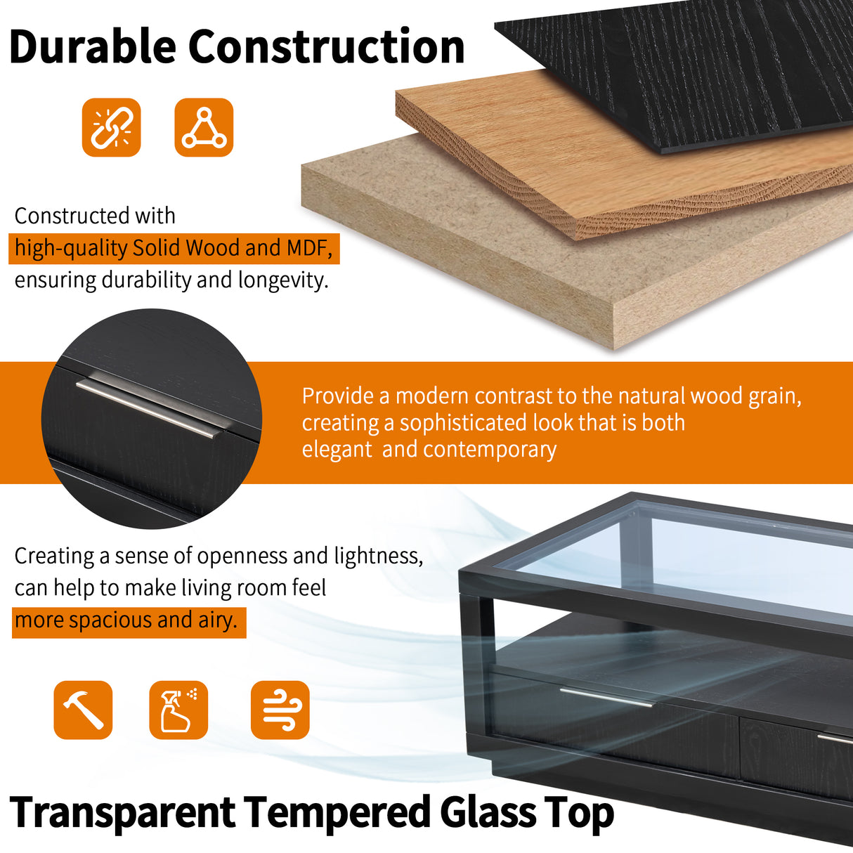 U-Can modern wooden coffee table with 2 drawers and minimalist display coffee table with transparent tempered glass - V.I.P Digital Presence