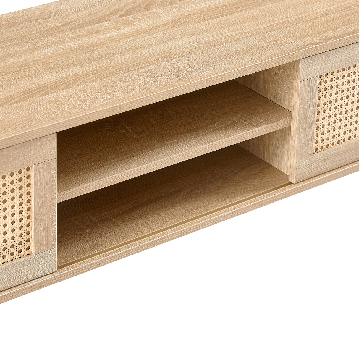 55.12" Rattan TV cabinet double sliding doors for storage adjustable shelf solid wood legs TV console for living room natural - V.I.P Digital Presence