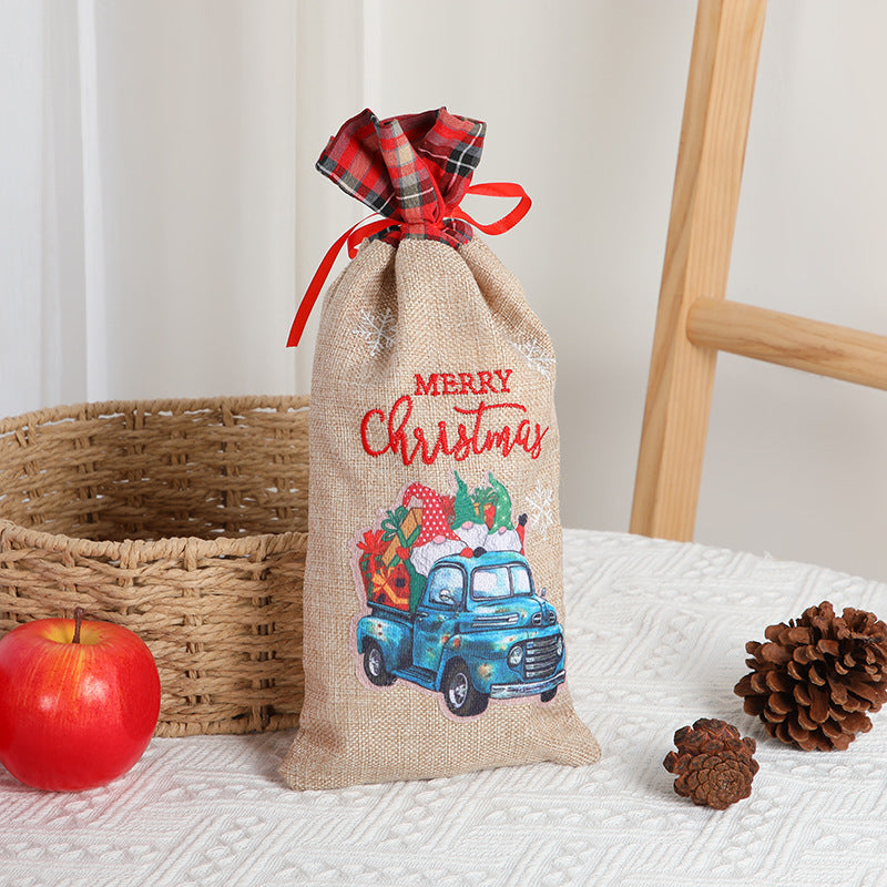 Christmas gift bag, letter printed Santa Claus home decoration, plaid linen red wine set - V.I.P Digital Presence