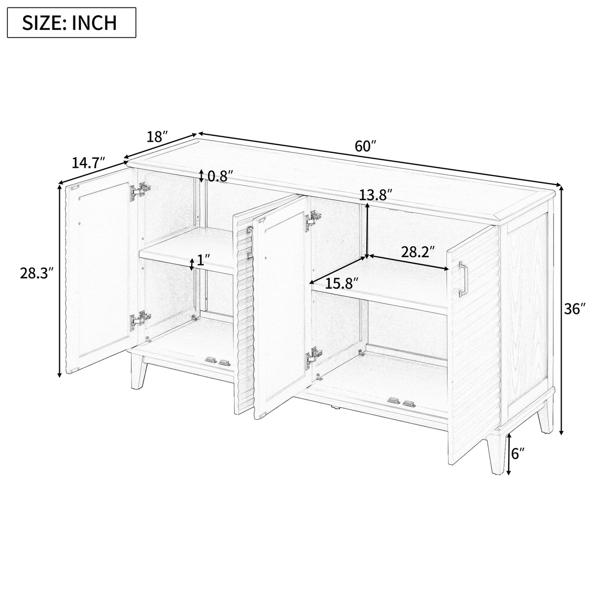 TREXM side panel with 4-door large storage buffet, adjustable shelves and metal handles (antique gray) - V.I.P Digital Presence