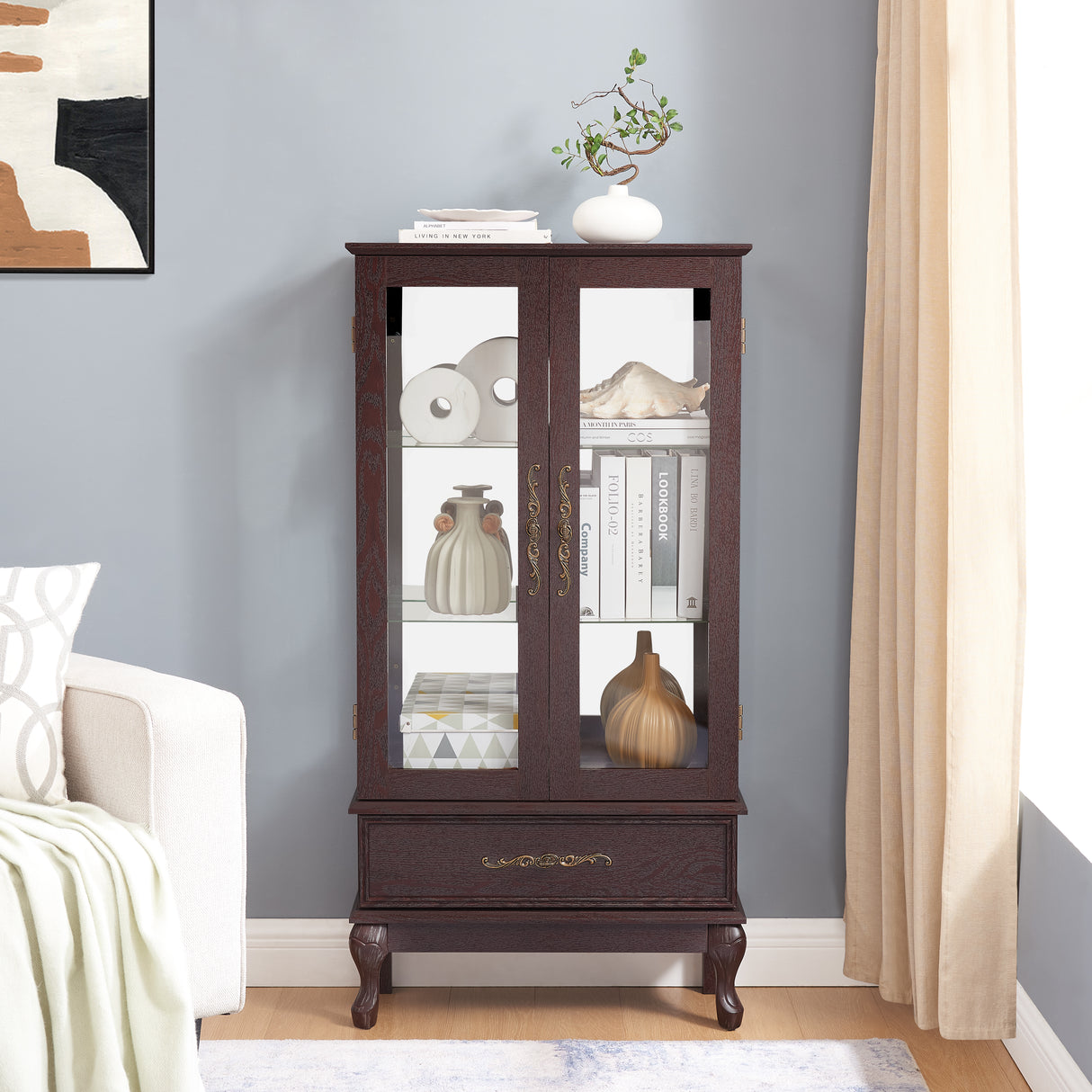 Curio cabinet lighting glass cabinet with adjustable glass frame, 2 doors and 1 drawer with light bulb, dark cherry color - V.I.P Digital Presence