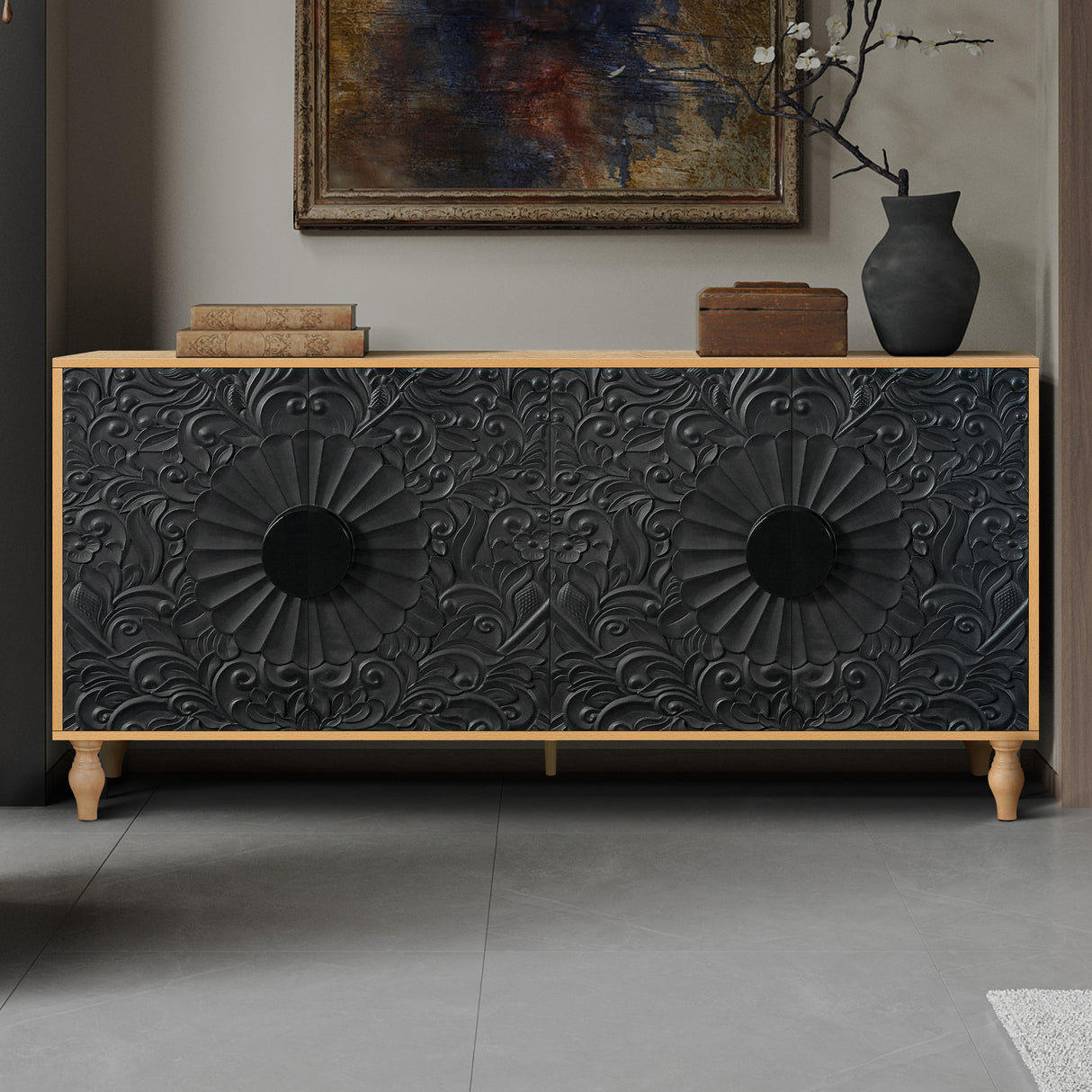 Black Carved Symmetrical Design Door And Wood Coloured Frame For TV Stand Table,Living Room ,Entryway - V.I.P Digital Presence