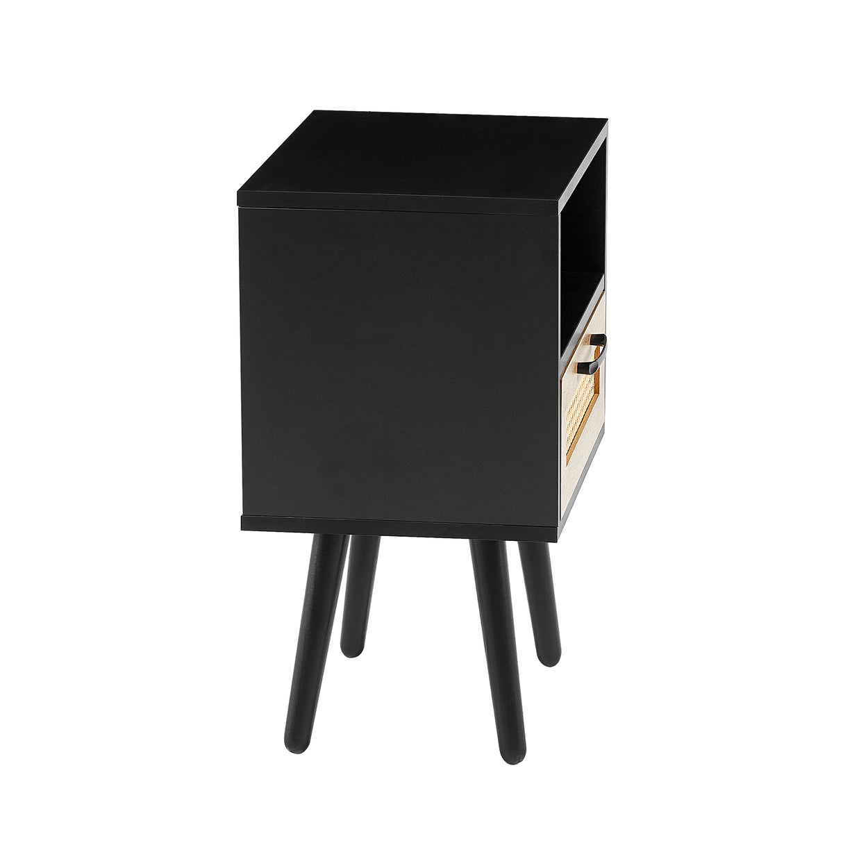 15.75" Rattan End table with drawer and solid wood legs Modern nightstand side table for living room black - V.I.P Digital Presence