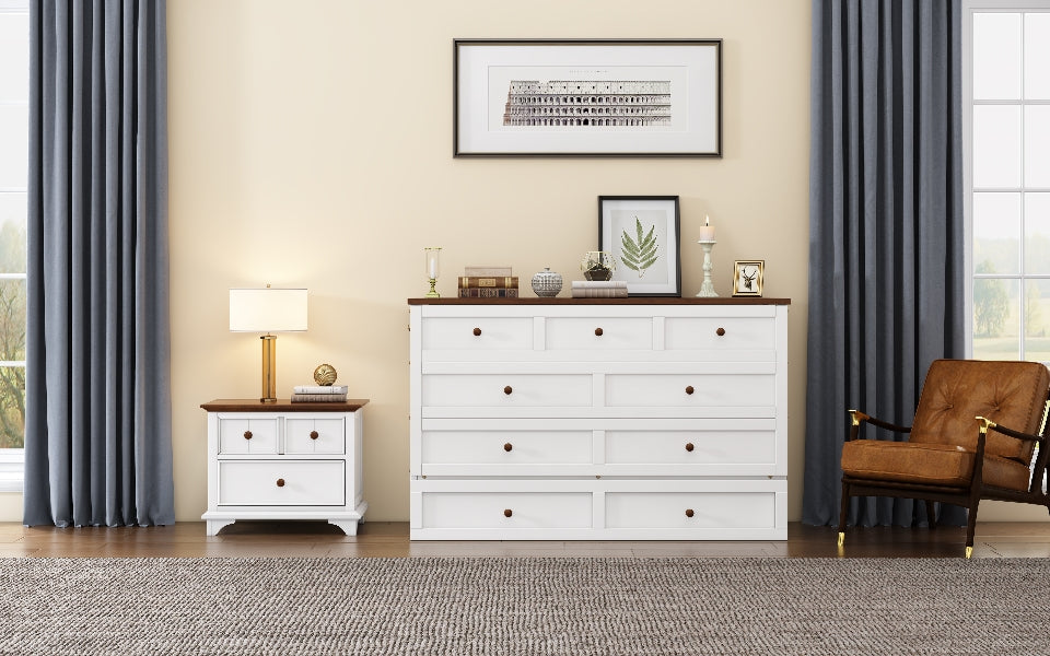 Solid Pine Murphy Bed Chest with Charging Station and Large Storage Drawer for Home Office or Small Room , Queen, White+Walnut - V.I.P Digital Presence