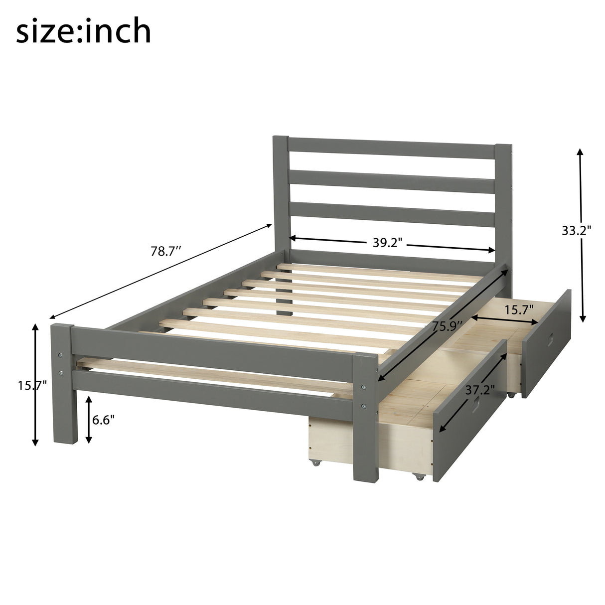 Wood platform bed with two drawers twin (gray)