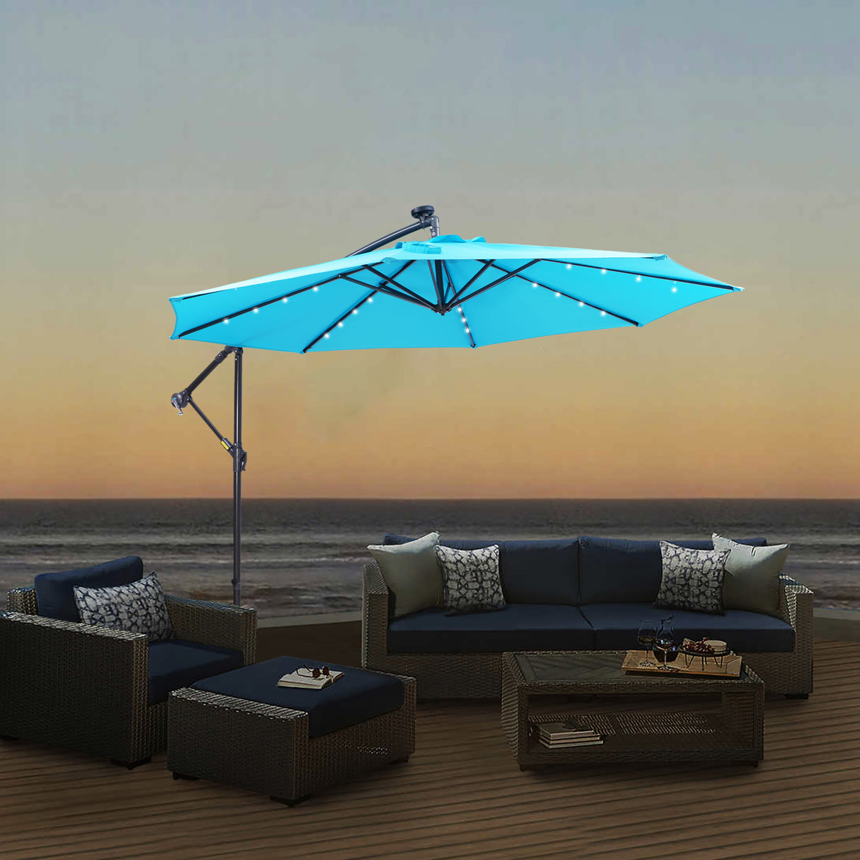 10 FT Solar LED Patio Outdoor Umbrella Hanging Cantilever Umbrella Offset Umbrella Easy Open Adustment with 32 LED Lights - V.I.P Digital Presence