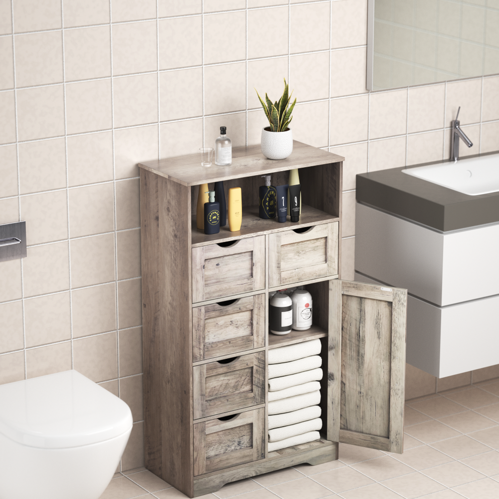 5 Drawers Storage Cabinet with Adjustable Shelves, Bathroom Cabinet with Doors, Floor Cabinet for Living Room Grey - V.I.P Digital Presence
