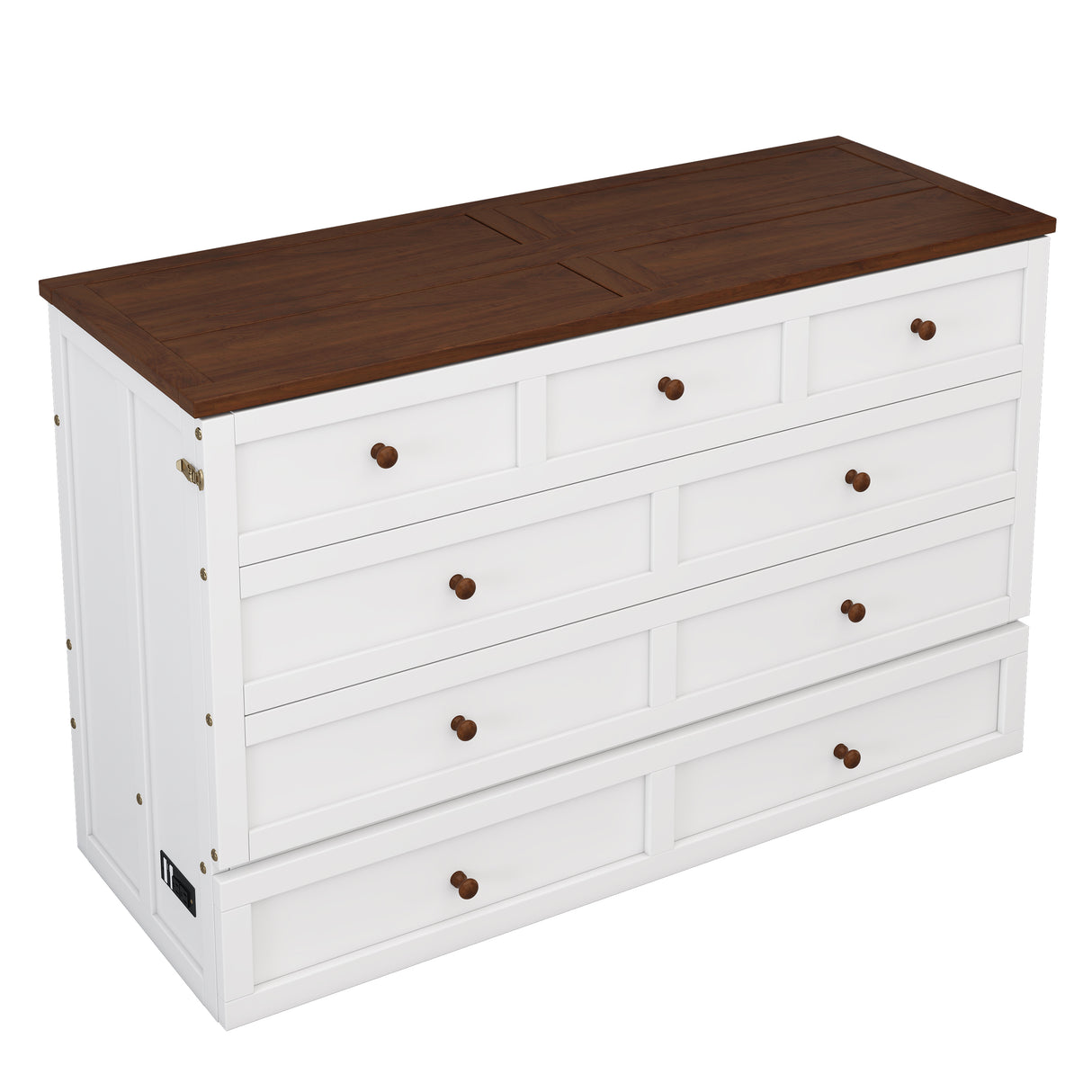 Solid Pine Murphy Bed Chest with Charging Station and Large Storage Drawer for Home Office or Small Room , Queen, White+Walnut - V.I.P Digital Presence