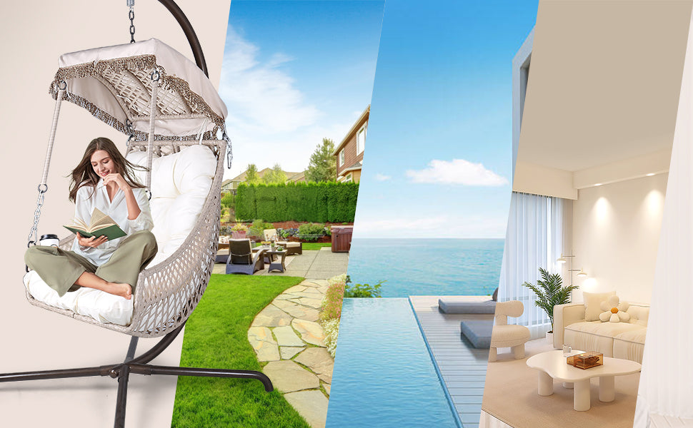 Swing Egg Chair with Stand Indoor Outdoor Wicker Rattan Frame 350lbs Capacity Hammock Chair for Patio Bedroom with Sunshade Clot - V.I.P Digital Presence