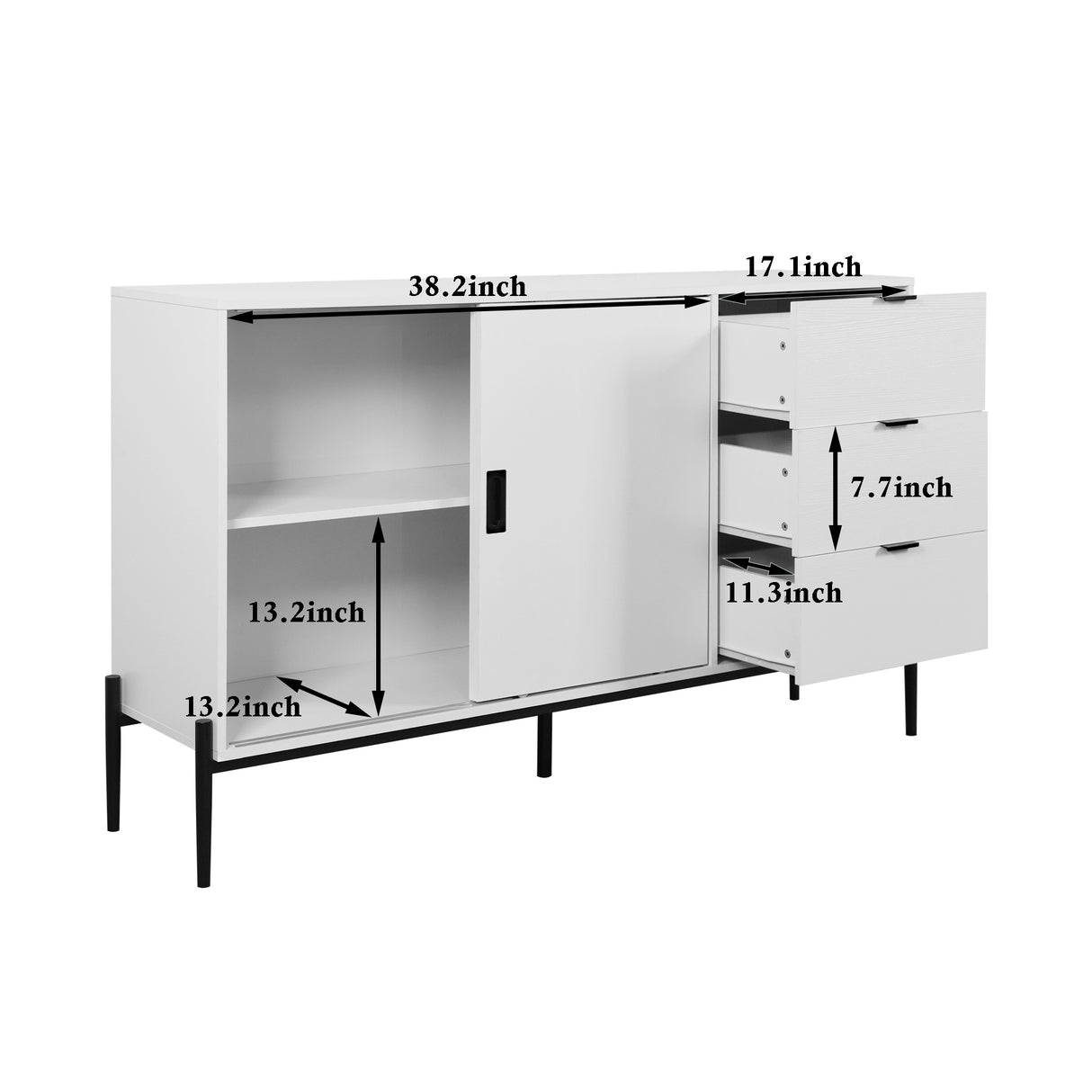 Modern characteristic storage cabinet side panel with glass sliding door and 3 drawers, dining table cabinet in white color - V.I.P Digital Presence