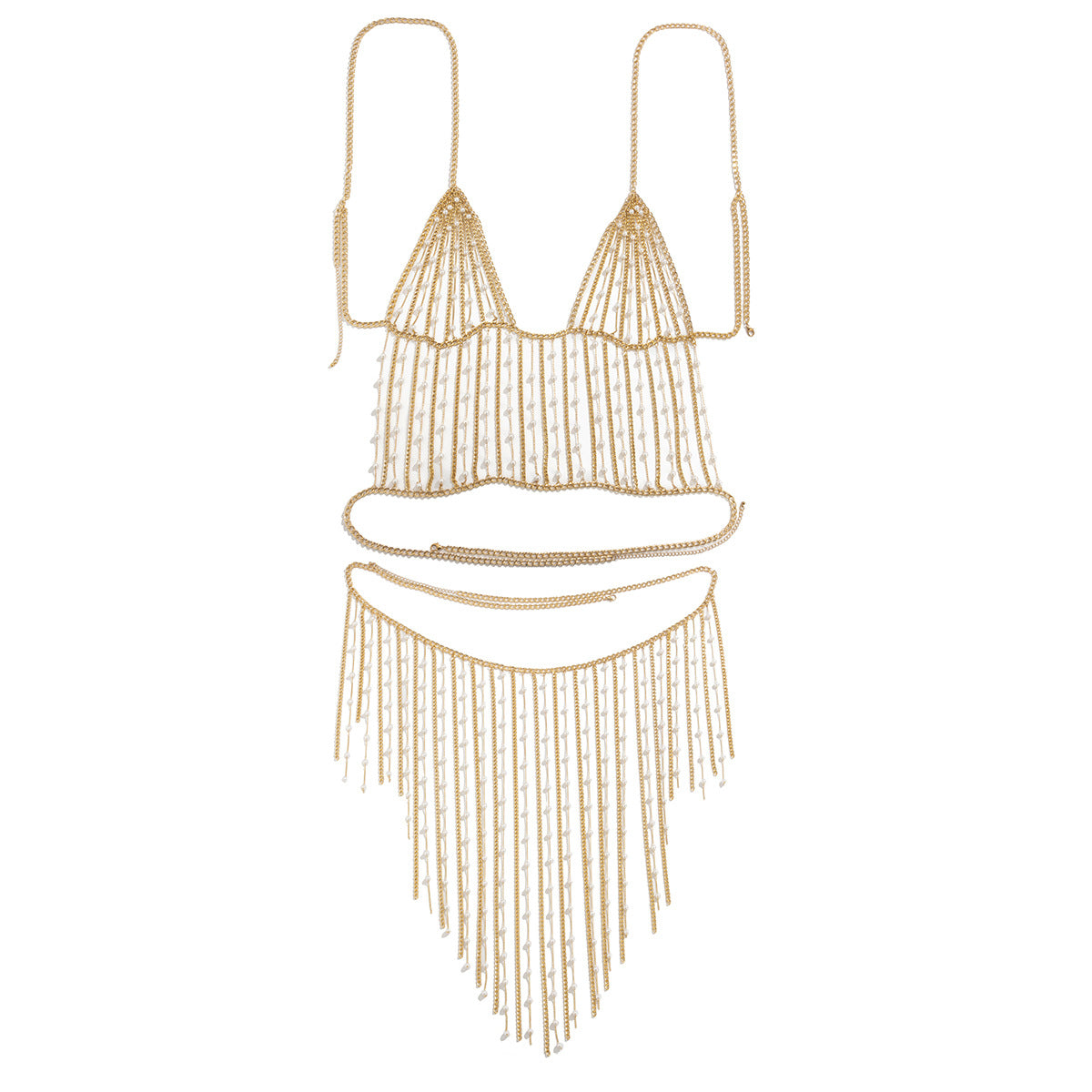 Fashionable electroplated metal aluminum chain geometric set clothing with simple tassel imitation pearl waist chain - V.I.P Digital Presence