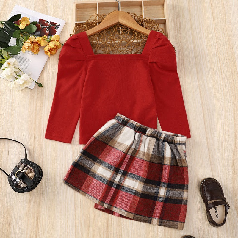Red Long Sleeved Mid Autumn Children's Autumn Dress Tartan Suit - V.I.P Digital Presence